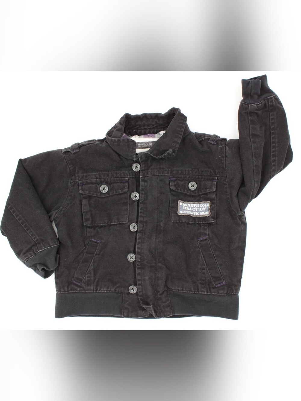 Kenneth Cole 3T Black Canvas Utility Jacket Purple Plaid Lined Button Front